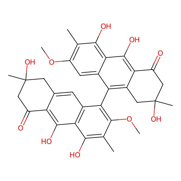 2D Structure of (3S)-3,8,9-trihydroxy-6-methoxy-3,7-dimethyl-5-[(2S)-2,5,10-trihydroxy-7-methoxy-2,6-dimethyl-4-oxo-1,3-dihydroanthracen-9-yl]-2,4-dihydroanthracen-1-one