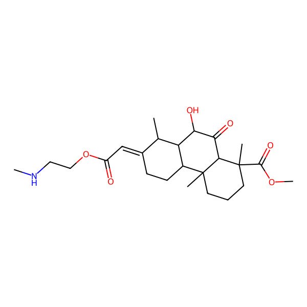 2D Structure of methyl (1S,4aR,4bR,7E,8R,8aR,9R,10aR)-9-hydroxy-1,4a,8-trimethyl-7-[2-[2-(methylamino)ethoxy]-2-oxoethylidene]-10-oxo-2,3,4,4b,5,6,8,8a,9,10a-decahydrophenanthrene-1-carboxylate