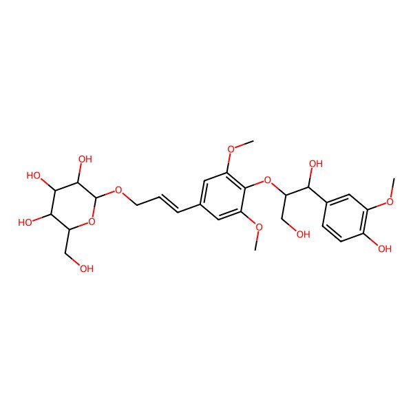 2D Structure of (2R,3R,4S,5S,6R)-2-[(E)-3-[4-[(1S,2R)-1,3-dihydroxy-1-(4-hydroxy-3-methoxyphenyl)propan-2-yl]oxy-3,5-dimethoxyphenyl]prop-2-enoxy]-6-(hydroxymethyl)oxane-3,4,5-triol
