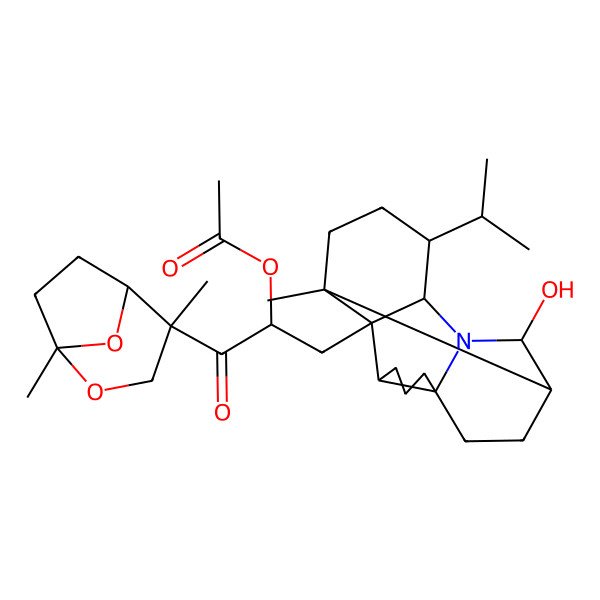 2D Structure of [(2S)-1-(1,4-dimethyl-2,8-dioxabicyclo[3.2.1]octan-4-yl)-3-[(3S,7S,11S,14R)-11-hydroxy-1-methyl-14-propan-2-yl-12-azapentacyclo[8.6.0.02,13.03,7.07,12]hexadecan-2-yl]-1-oxopropan-2-yl] acetate