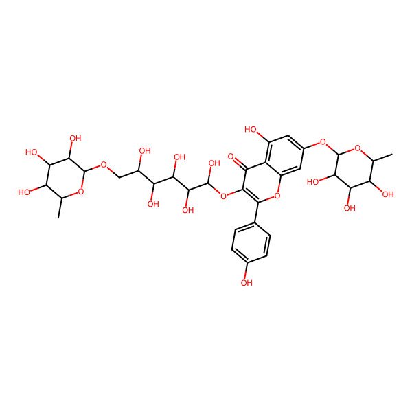 2D Structure of 5-Hydroxy-2-(4-hydroxyphenyl)-3-[1,2,3,4,5-pentahydroxy-6-(3,4,5-trihydroxy-6-methyloxan-2-yl)oxyhexoxy]-7-(3,4,5-trihydroxy-6-methyloxan-2-yl)oxychromen-4-one