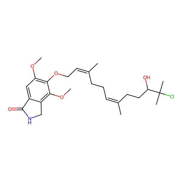2D Structure of 5-[(2E,6E,10S)-11-chloro-10-hydroxy-3,7,11-trimethyldodeca-2,6-dienoxy]-4,6-dimethoxy-2,3-dihydroisoindol-1-one