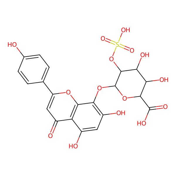 2D Structure of (2S,3S,4S,5R,6S)-6-[5,7-dihydroxy-2-(4-hydroxyphenyl)-4-oxochromen-8-yl]oxy-3,4-dihydroxy-5-sulfooxyoxane-2-carboxylic acid