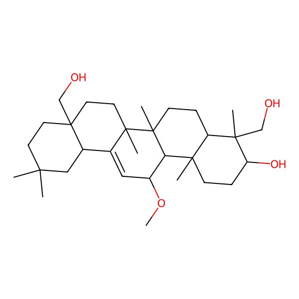 2D Structure of 4,8a-Bis(hydroxymethyl)-14-methoxy-4,6a,6b,11,11,14b-hexamethyl-1,2,3,4a,5,6,7,8,9,10,12,12a,14,14a-tetradecahydropicen-3-ol