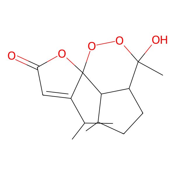 2D Structure of 1-hydroxy-1,5-dimethyl-4'-propan-2-ylspiro[5,6,7,7a-tetrahydro-4aH-cyclopenta[d][1,2]dioxine-4,5'-furan]-2'-one