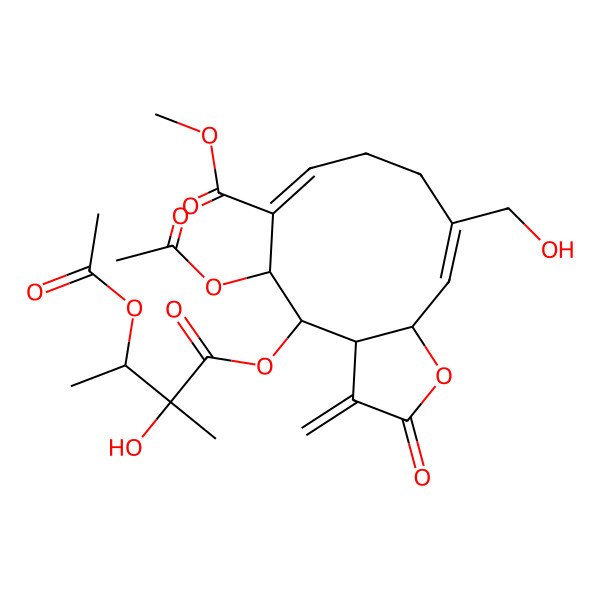 2D Structure of methyl (3aS,4S,5S,6E,10Z,11aR)-5-acetyloxy-4-[(2S,3S)-3-acetyloxy-2-hydroxy-2-methylbutanoyl]oxy-10-(hydroxymethyl)-3-methylidene-2-oxo-3a,4,5,8,9,11a-hexahydrocyclodeca[b]furan-6-carboxylate