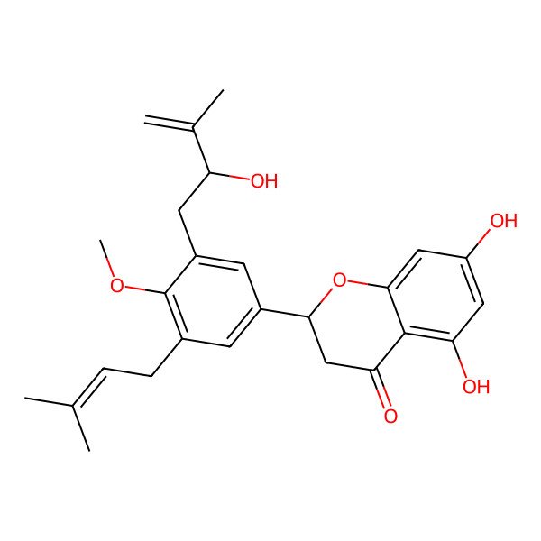 2D Structure of (2S)-5,7-dihydroxy-2-[3-[(2R)-2-hydroxy-3-methylbut-3-enyl]-4-methoxy-5-(3-methylbut-2-enyl)phenyl]-2,3-dihydrochromen-4-one