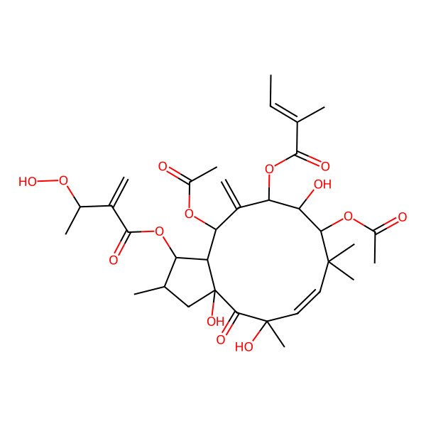 2D Structure of [(1S,2S,3aR,5R,6E,9S,10S,11S,13R,13aR)-9,13-diacetyloxy-3a,5,10-trihydroxy-2,5,8,8-tetramethyl-11-[(Z)-2-methylbut-2-enoyl]oxy-12-methylidene-4-oxo-1,2,3,9,10,11,13,13a-octahydrocyclopenta[12]annulen-1-yl] (3S)-3-hydroperoxy-2-methylidenebutanoate