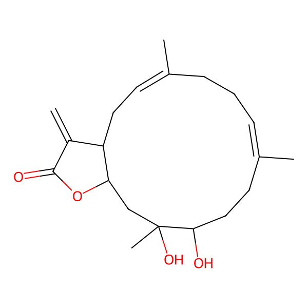 2D Structure of (3aR,5E,9E,13S,14R,15aS)-13,14-dihydroxy-6,10,14-trimethyl-3-methylidene-4,7,8,11,12,13,15,15a-octahydro-3aH-cyclotetradeca[b]furan-2-one