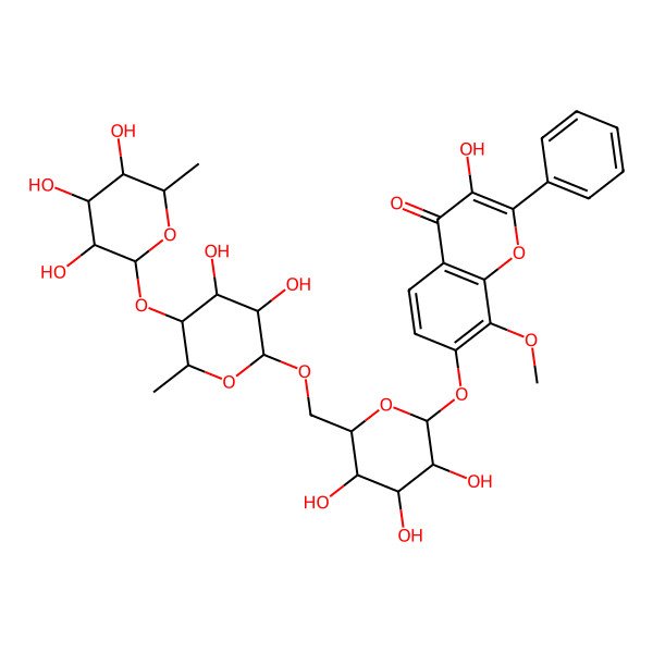 2D Structure of 7-[(2S,3S,4S,5R,6R)-6-[[(2R,3S,4S,5R,6S)-3,4-dihydroxy-6-methyl-5-[(2S,3S,4R,5R,6R)-3,4,5-trihydroxy-6-methyloxan-2-yl]oxyoxan-2-yl]oxymethyl]-3,4,5-trihydroxyoxan-2-yl]oxy-3-hydroxy-8-methoxy-2-phenylchromen-4-one