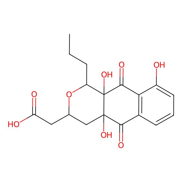 2D Structure of 2-[(1R,3S)-4a,9,10a-trihydroxy-5,10-dioxo-1-propyl-3,4-dihydro-1H-benzo[g]isochromen-3-yl]acetic acid