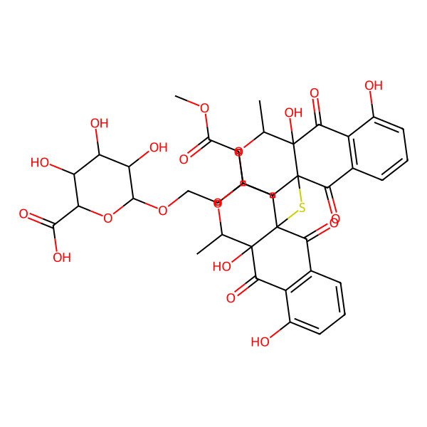 2D Structure of 6-[2-[4a-[[9,10a-dihydroxy-3-(2-methoxy-2-oxoethyl)-1-methyl-5,10-dioxo-3,4-dihydro-1H-benzo[g]isochromen-4a-yl]sulfanyl]-9,10a-dihydroxy-1-methyl-5,10-dioxo-3,4-dihydro-1H-benzo[g]isochromen-3-yl]ethoxy]-3,4,5-trihydroxyoxane-2-carboxylic acid