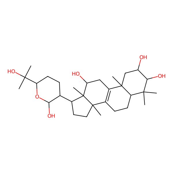 2D Structure of (2R,3R,5R,10S,12S,13R,14S,17R)-17-[(2R,3R,6R)-2-hydroxy-6-(2-hydroxypropan-2-yl)oxan-3-yl]-4,4,10,13,14-pentamethyl-2,3,5,6,7,11,12,15,16,17-decahydro-1H-cyclopenta[a]phenanthrene-2,3,12-triol