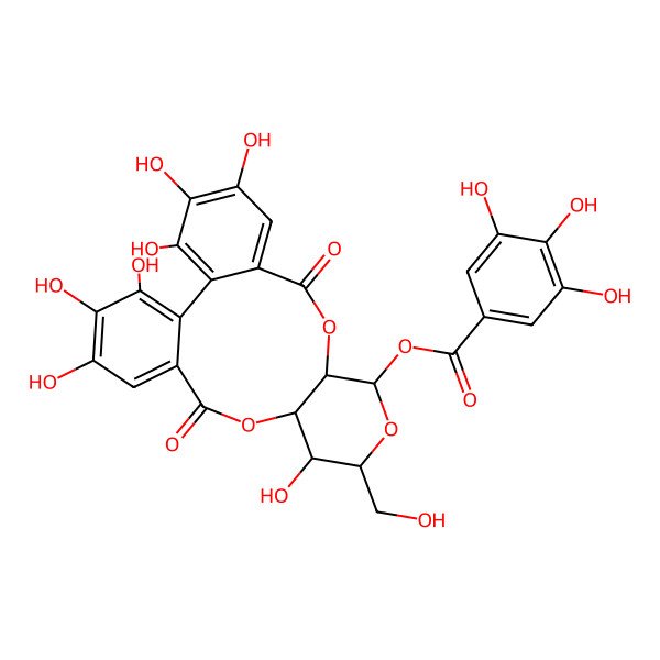 2D Structure of [(10S,11S,13R,14R,15S)-3,4,5,14,20,21,22-heptahydroxy-13-(hydroxymethyl)-8,17-dioxo-9,12,16-trioxatetracyclo[16.4.0.02,7.010,15]docosa-1(22),2,4,6,18,20-hexaen-11-yl] 3,4,5-trihydroxybenzoate