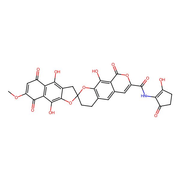 2D Structure of 4',9',10-trihydroxy-N-(2-hydroxy-5-oxocyclopenten-1-yl)-7'-methoxy-5',8',9-trioxospiro[3,4-dihydropyrano[4,3-g]chromene-2,2'-3H-benzo[f][1]benzofuran]-7-carboxamide