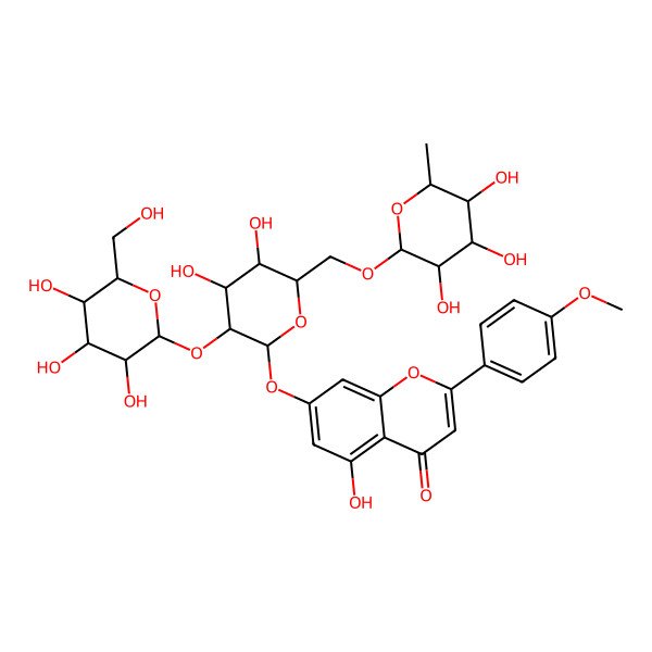 2D Structure of 7-[(2S,3R,4S,5S,6R)-4,5-dihydroxy-3-[(2S,3R,4S,5S,6R)-3,4,5-trihydroxy-6-(hydroxymethyl)oxan-2-yl]oxy-6-[[(2R,3R,4R,5R,6S)-3,4,5-trihydroxy-6-methyloxan-2-yl]oxymethyl]oxan-2-yl]oxy-5-hydroxy-2-(4-methoxyphenyl)chromen-4-one