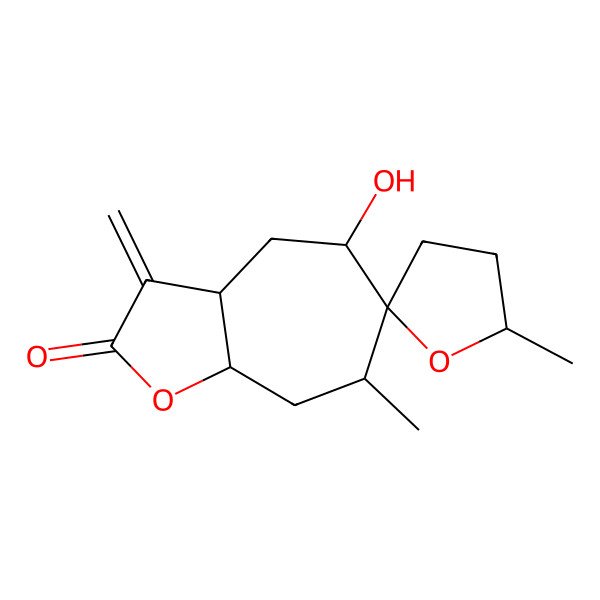 2D Structure of 5-Hydroxy-5',7-dimethyl-3-methylidenespiro[3a,4,5,7,8,8a-hexahydrocyclohepta[b]furan-6,2'-oxolane]-2-one