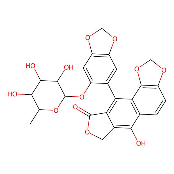 2D Structure of 6-hydroxy-10-[6-[(2S,3R,4S,5S,6R)-3,4,5-trihydroxy-6-methyloxan-2-yl]oxy-1,3-benzodioxol-5-yl]-7H-[2]benzofuro[5,6-g][1,3]benzodioxol-9-one