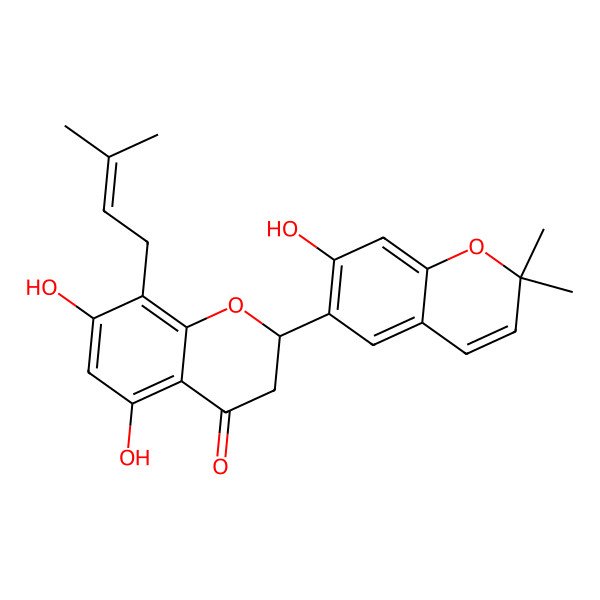 2D Structure of (2S)-5,7-dihydroxy-2-(7-hydroxy-2,2-dimethylchromen-6-yl)-8-(3-methylbut-2-enyl)-2,3-dihydrochromen-4-one