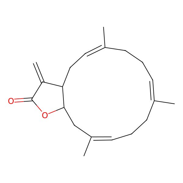 2D Structure of (3aR,5E,9E,13E,15aS)-6,10,14-trimethyl-3-methylidene-3a,4,7,8,11,12,15,15a-octahydrocyclotetradeca[b]furan-2-one