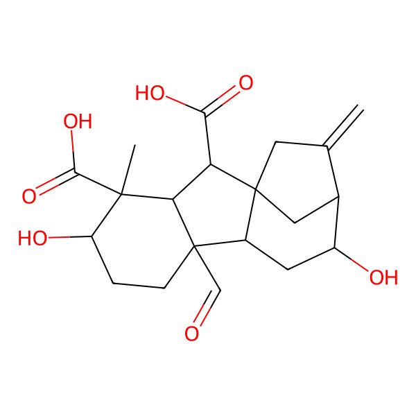 2D Structure of 8-Formyl-5,11-dihydroxy-4-methyl-13-methylidenetetracyclo[10.2.1.01,9.03,8]pentadecane-2,4-dicarboxylic acid