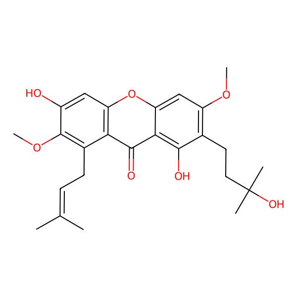 2D Structure of 1,6-Dihydroxy-2-(3-hydroxy-3-methylbutyl)-3,7-dimethoxy-8-(3-methylbut-2-enyl)xanthen-9-one