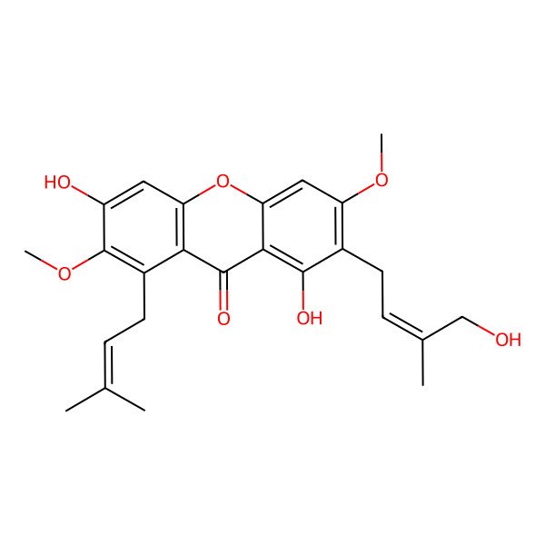 2D Structure of 1,6-dihydroxy-2-[(E)-4-hydroxy-3-methylbut-2-enyl]-3,7-dimethoxy-8-(3-methylbut-2-enyl)xanthen-9-one