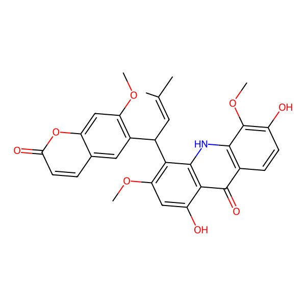 2D Structure of 1,6-dihydroxy-3,5-dimethoxy-4-[1-(7-methoxy-2-oxochromen-6-yl)-3-methylbut-2-enyl]-10H-acridin-9-one