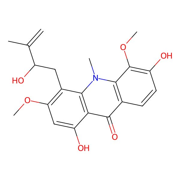 2D Structure of 1,6-Dihydroxy-4-(2-hydroxy-3-methylbut-3-enyl)-3,5-dimethoxy-10-methylacridin-9-one
