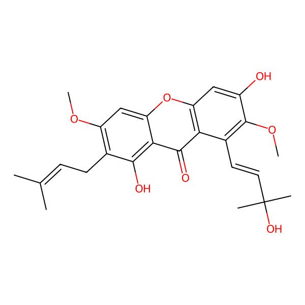 2D Structure of 1,6-Dihydroxy-8-(3-hydroxy-3-methylbut-1-enyl)-3,7-dimethoxy-2-(3-methylbut-2-enyl)xanthen-9-one 2D Structure of 1,6-Dihydroxy-8-(3-hydroxy-3-methylbut-1-enyl)-3,7-dimethoxy-2-(3-methylbut-2-enyl)xanthen-9-one