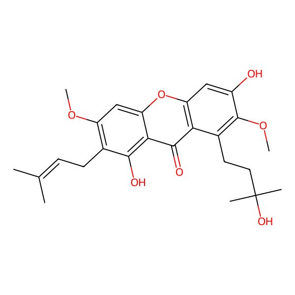 2D Structure of 1,6-Dihydroxy-8-(3-hydroxy-3-methylbutyl)-3,7-dimethoxy-2-(3-methylbut-2-enyl)xanthen-9-one