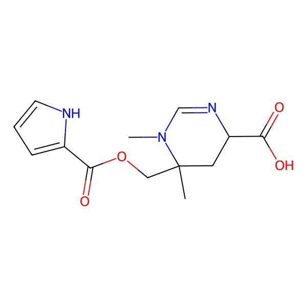 2D Structure of 1,6-dimethyl-6-(1H-pyrrole-2-carbonyloxymethyl)-4,5-dihydropyrimidine-4-carboxylic acid