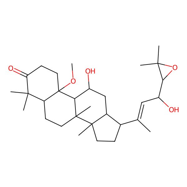 2D Structure of (5S,8R,9R,10R,11R,13R,14R,17S)-17-[(E,4S)-4-[(2S)-3,3-dimethyloxiran-2-yl]-4-hydroxybut-2-en-2-yl]-11-hydroxy-10-methoxy-4,4,8,14-tetramethyl-1,2,5,6,7,9,11,12,13,15,16,17-dodecahydrocyclopenta[a]phenanthren-3-one