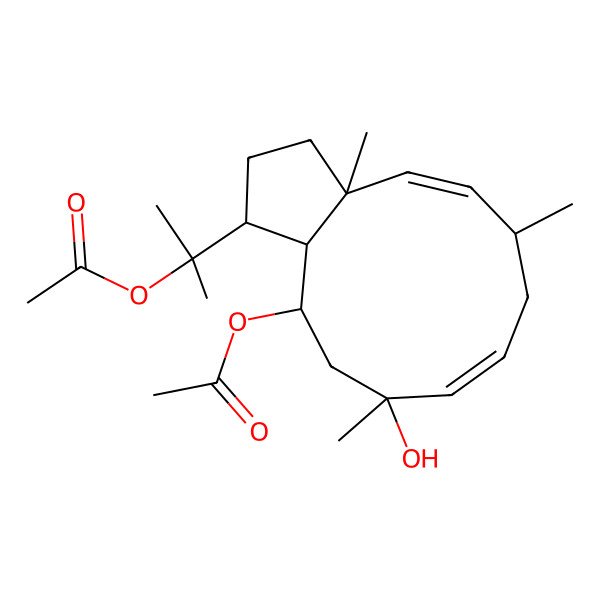 2D Structure of [(1R,3aR,4E,6S,8E,10S,12S,12aS)-1-(2-acetyloxypropan-2-yl)-10-hydroxy-3a,6,10-trimethyl-1,2,3,6,7,11,12,12a-octahydrocyclopenta[11]annulen-12-yl] acetate