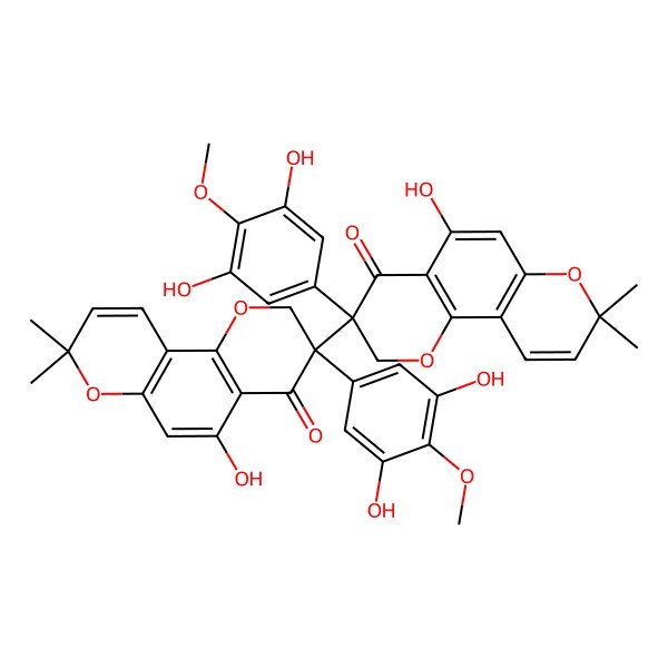 2D Structure of (3R)-3-(3,5-dihydroxy-4-methoxyphenyl)-3-[(3R)-3-(3,5-dihydroxy-4-methoxyphenyl)-5-hydroxy-8,8-dimethyl-4-oxo-2H-pyrano[2,3-h]chromen-3-yl]-5-hydroxy-8,8-dimethyl-2H-pyrano[2,3-h]chromen-4-one