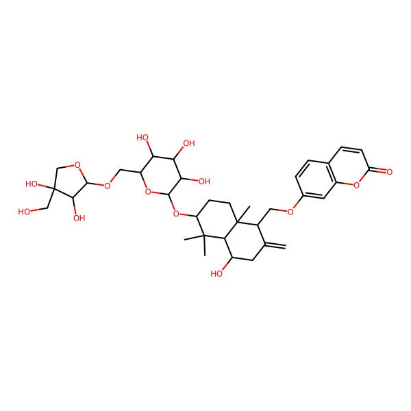 2D Structure of 7-[[6-[6-[[3,4-dihydroxy-4-(hydroxymethyl)oxolan-2-yl]oxymethyl]-3,4,5-trihydroxyoxan-2-yl]oxy-4-hydroxy-5,5,8a-trimethyl-2-methylidene-3,4,4a,6,7,8-hexahydro-1H-naphthalen-1-yl]methoxy]chromen-2-one