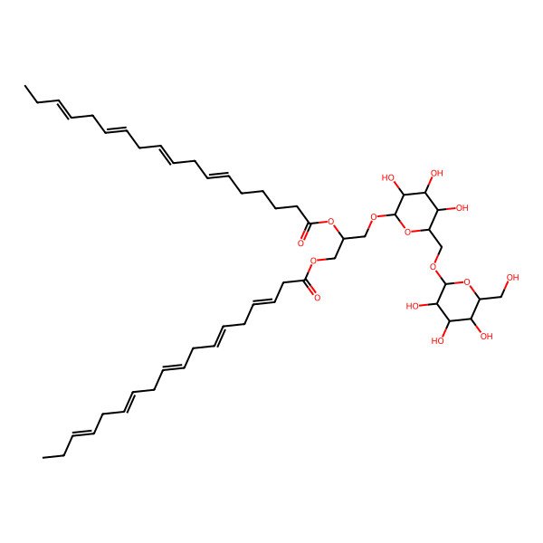 2D Structure of [(2~{S})-3-[(2~{R},3~{R},4~{S},5~{R},6~{R})-6-[[(2~{S},3~{R},4~{S},5~{R},6~{R})-6-(hydroxymethyl)-3,4,5-tris(oxidanyl)oxan-2-yl]oxymethyl]-3,4,5-tris(oxidanyl)oxan-2-yl]oxy-2-[(6~{Z},9~{Z},12~{Z},15~{Z})-octadeca-6,9,12,15-tetraenoyl]oxy-propyl] (6~{Z},9~{Z},12~{Z},15~{Z})-octadeca-6,9,12,15-tetraenoate