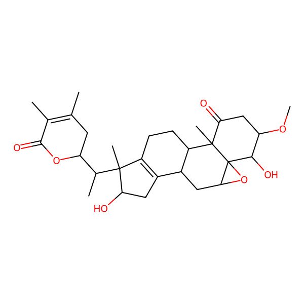 2D Structure of (1S,2R,5S,6S,7R,9R,11R,14R,15S)-15-[(1S)-1-[(2R)-4,5-dimethyl-6-oxo-2,3-dihydropyran-2-yl]ethyl]-6,14-dihydroxy-5-methoxy-2,15-dimethyl-8-oxapentacyclo[9.7.0.02,7.07,9.012,16]octadec-12(16)-en-3-one