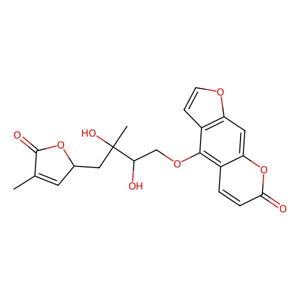 2D Structure of 4-[(2R,3R)-2,3-dihydroxy-3-methyl-4-[(2R)-4-methyl-5-oxo-2H-furan-2-yl]butoxy]furo[3,2-g]chromen-7-one