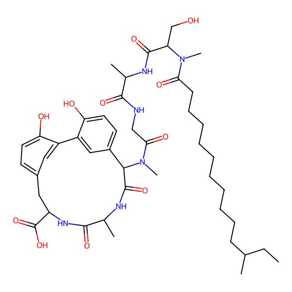 2D Structure of (8R,11S,14S)-3,18-dihydroxy-14-[[2-[[(2R)-2-[[(2R)-3-hydroxy-2-[methyl-[(12R)-12-methyltetradecanoyl]amino]propanoyl]amino]propanoyl]amino]acetyl]-methylamino]-11-methyl-10,13-dioxo-9,12-diazatricyclo[13.3.1.12,6]icosa-1(18),2,4,6(20),15(19),16-hexaene-8-carboxylic acid