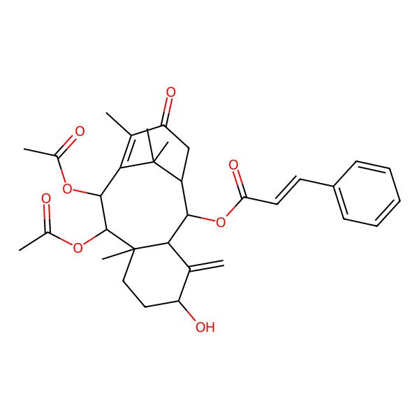 2D Structure of [(1R,2R,3R,5S,8R,9R,10R)-9,10-diacetyloxy-5-hydroxy-8,12,15,15-tetramethyl-4-methylidene-13-oxo-2-tricyclo[9.3.1.03,8]pentadec-11-enyl] (E)-3-phenylprop-2-enoate