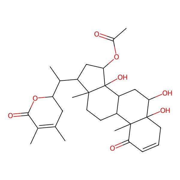 2D Structure of [(5R,6R,8R,9S,10R,13R,14S,15S,17R)-17-[(1S)-1-[(2R)-4,5-dimethyl-6-oxo-2,3-dihydropyran-2-yl]ethyl]-5,6,14-trihydroxy-10,13-dimethyl-1-oxo-4,6,7,8,9,11,12,15,16,17-decahydrocyclopenta[a]phenanthren-15-yl] acetate