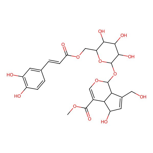 2D Structure of Methyl 1-[6-[3-(3,4-dihydroxyphenyl)prop-2-enoyloxymethyl]-3,4,5-trihydroxyoxan-2-yl]oxy-5-hydroxy-7-(hydroxymethyl)-1,4a,5,7a-tetrahydrocyclopenta[c]pyran-4-carboxylate