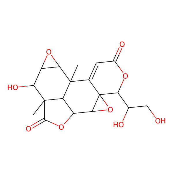 2D Structure of (1S,2R,4S,5R,10S,11S,13R,14R,15R,18R)-5-[(1R)-1,2-dihydroxyethyl]-14-hydroxy-10,15-dimethyl-3,6,12,17-tetraoxahexacyclo[8.7.1.02,4.04,9.011,13.015,18]octadec-8-ene-7,16-dione