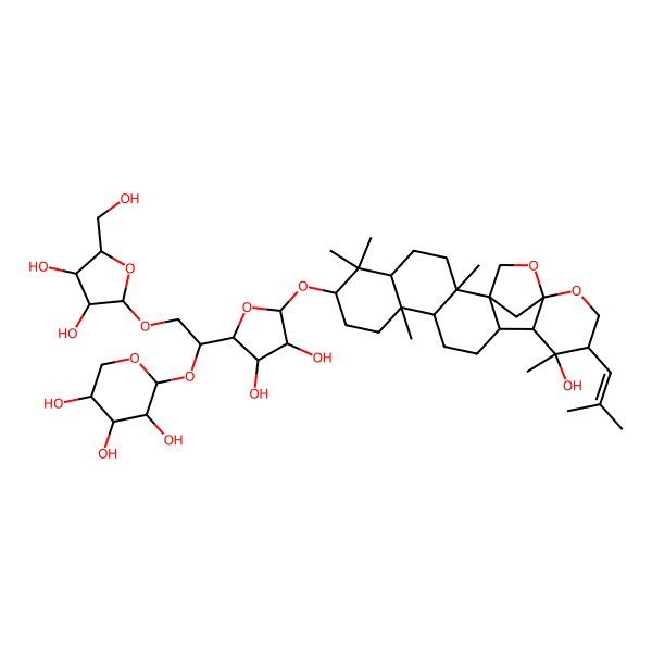 2D Structure of (2S,3R,4S,5S)-2-[(1R)-2-[(2S,3R,4S,5S)-3,4-dihydroxy-5-(hydroxymethyl)oxolan-2-yl]oxy-1-[(2S,3R,4R,5S)-3,4-dihydroxy-5-[[(1S,2R,5R,7S,10R,11R,14R,15S,16S,17R,20R)-16-hydroxy-2,6,6,10,16-pentamethyl-17-(2-methylprop-1-enyl)-19,21-dioxahexacyclo[18.2.1.01,14.02,11.05,10.015,20]tricosan-7-yl]oxy]oxolan-2-yl]ethoxy]oxane-3,4,5-triol