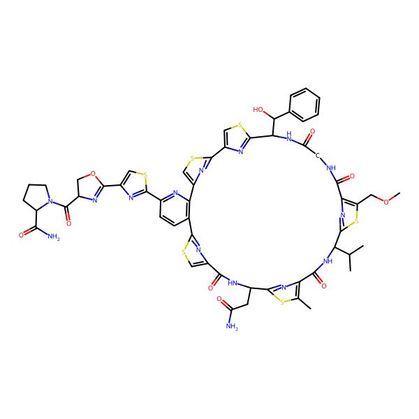 2D Structure of 1-[2-[2-[18-(2-Amino-2-oxoethyl)-35-[hydroxy(phenyl)methyl]-28-(methoxymethyl)-21-methyl-16,23,30,33-tetraoxo-25-propan-2-yl-3,13,20,27,37-pentathia-7,17,24,31,34,39,40,41,42,43-decazaheptacyclo[34.2.1.12,5.112,15.119,22.126,29.06,11]tritetraconta-1(38),2(43),4,6(11),7,9,12(42),14,19(41),21,26(40),28,36(39)-tridecaen-8-yl]-1,3-thiazol-4-yl]-4,5-dihydro-1,3-oxazole-4-carbonyl]pyrrolidine-2-carboxamide