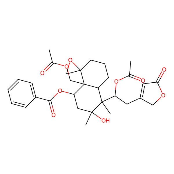 2D Structure of [(1S,3S,4S,4aR,8R,8aR)-8a-(acetyloxymethyl)-4-[(1S)-1-acetyloxy-2-(5-oxo-2H-furan-3-yl)ethyl]-3-hydroxy-3,4-dimethylspiro[1,2,4a,5,6,7-hexahydronaphthalene-8,2'-oxirane]-1-yl] benzoate