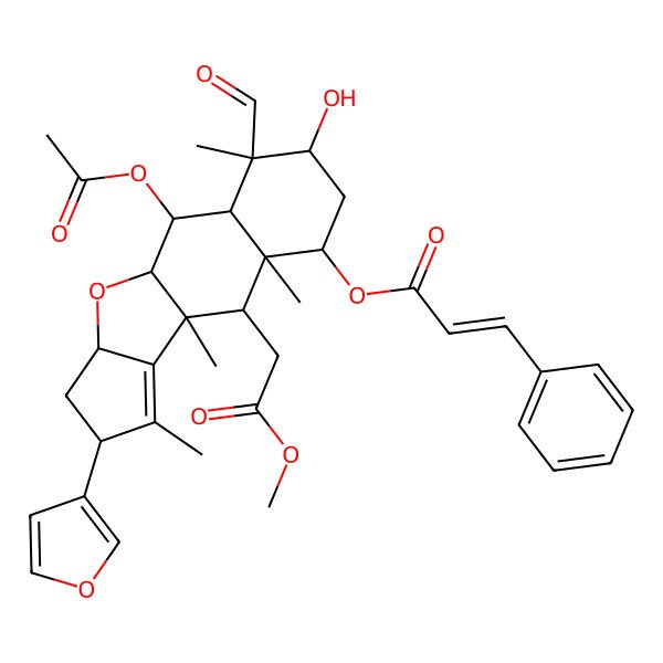 2D Structure of [(1S,2R,3R,4S,5R,7S,8R,9S,10R,13R,15R)-2-acetyloxy-4-formyl-13-(furan-3-yl)-5-hydroxy-9-(2-methoxy-2-oxoethyl)-4,8,10,12-tetramethyl-16-oxatetracyclo[8.6.0.03,8.011,15]hexadec-11-en-7-yl] (E)-3-phenylprop-2-enoate