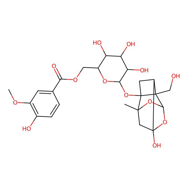 2D Structure of [(2R,3S,4S,5R,6S)-3,4,5-trihydroxy-6-[[(1R,2S,3S,5S,6R,8S)-6-hydroxy-2-(hydroxymethyl)-8-methyl-9,10-dioxatetracyclo[4.3.1.02,5.03,8]decan-3-yl]oxy]oxan-2-yl]methyl 4-hydroxy-3-methoxybenzoate