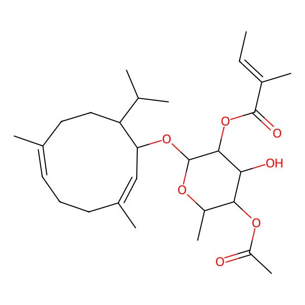 2D Structure of [(2R,3R,4S,5R,6R)-5-acetyloxy-2-[(1R,2E,6E,10S)-3,7-dimethyl-10-propan-2-ylcyclodeca-2,6-dien-1-yl]oxy-4-hydroxy-6-methyloxan-3-yl] (Z)-2-methylbut-2-enoate
